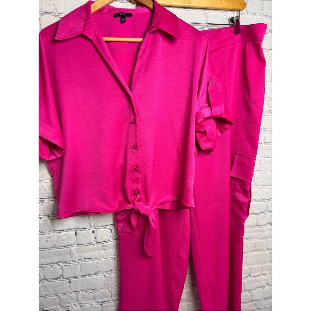 DREW Anthropologie Fuchsia Pink Satin Party Vacation Button Top Cargo Pant Set L
